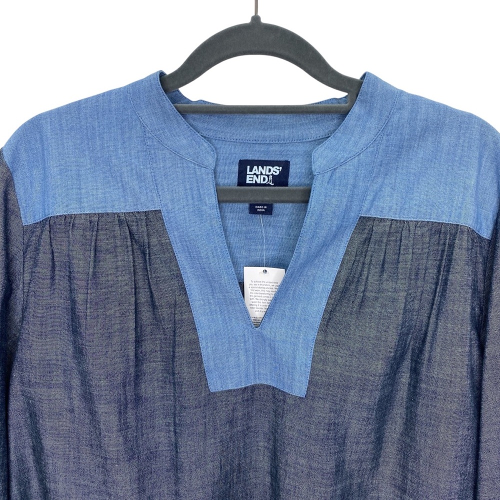 Lands End Pullover Top Womens Small Blue Chambray Long Sleeve Tunic Blouse Shirt - Picture 2 of 10